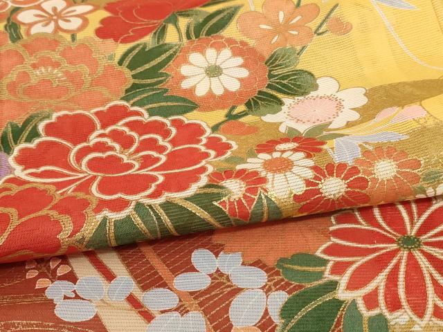 平和屋着物＊夏物 振袖 絽 草花文 金彩 洗える着物 AABF1600jd