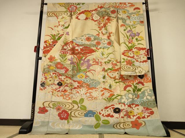 平和屋着物＊夏物　アンティーク　大正ロマン　振袖　絽　刺繍　草花文　金銀彩　正絹　逸品　AABF1606jd6