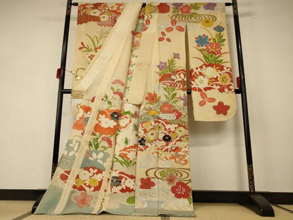 平和屋着物＊夏物　アンティーク　大正ロマン　振袖　絽　刺繍　草花文　金銀彩　正絹　逸品　AABF1606jd6