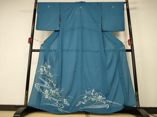 平和屋着物＊夏物 色留袖 絽 流水葉文 錆御納戸色 銀彩 洗える着物 AABF1618jd