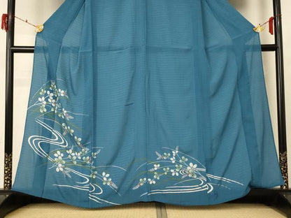 平和屋着物＊夏物 色留袖 絽 流水葉文 錆御納戸色 銀彩 洗える着物 AABF1618jd