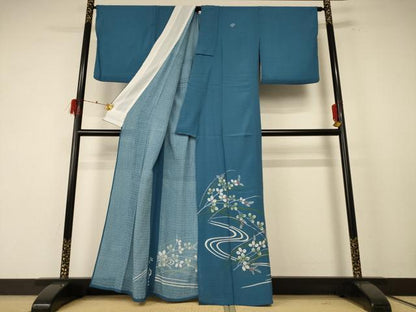 平和屋着物＊夏物 色留袖 絽 流水葉文 錆御納戸色 銀彩 洗える着物 AABF1618jd