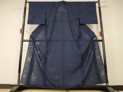 平和屋着物＊夏物 色無地 縦絽 舞花紋紗 藍鉄色 正絹 逸品 AABF1624jd