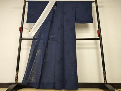 平和屋着物＊夏物 色無地 縦絽 舞花紋紗 藍鉄色 正絹 逸品 AABF1624jd