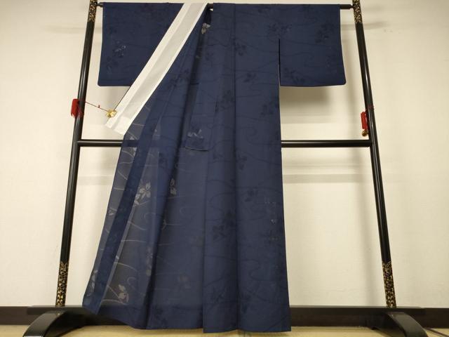平和屋着物＊夏物 色無地 縦絽 舞花紋紗 藍鉄色 正絹 逸品 AABF1624jd