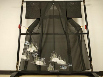 平和屋着物＊夏物 黒留袖 絽 流水葉文 正絹 逸品 AABF1632jd