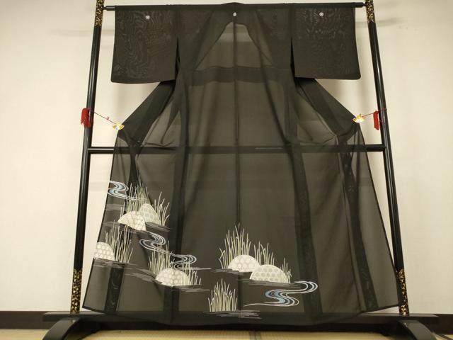 平和屋着物＊夏物 黒留袖 絽 流水葉文 正絹 逸品 AABF1632jd