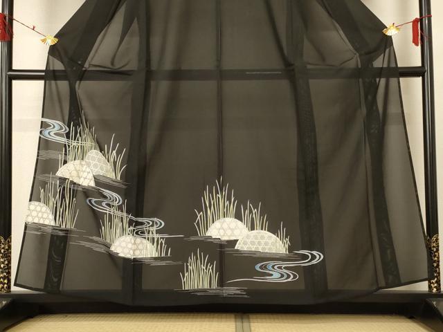 平和屋着物＊夏物 黒留袖 絽 流水葉文 正絹 逸品 AABF1632jd
