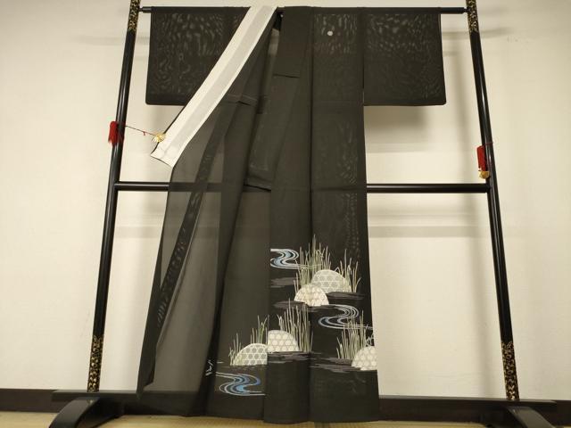 平和屋着物＊夏物 黒留袖 絽 流水葉文 正絹 逸品 AABF1632jd