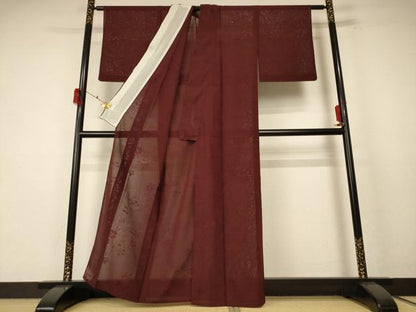 平和屋着物＊夏物 色無地 絽 流水花紋紗 葡萄茶色 正絹 逸品 AABF1634jd