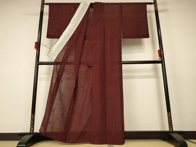平和屋着物＊夏物 色無地 絽 流水花紋紗 葡萄茶色 正絹 逸品 AABF1634jd