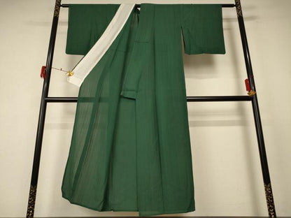平和屋着物＊夏物　色無地　麻の葉紋紗　千歳緑色　正絹　逸品　AABF1636jd