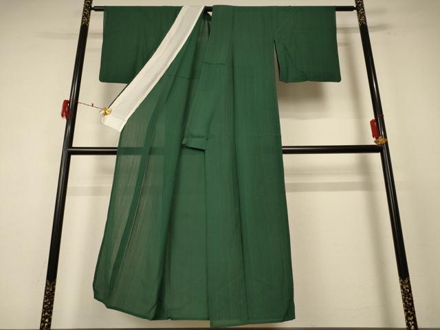 平和屋着物＊夏物　色無地　麻の葉紋紗　千歳緑色　正絹　逸品　AABF1636jd