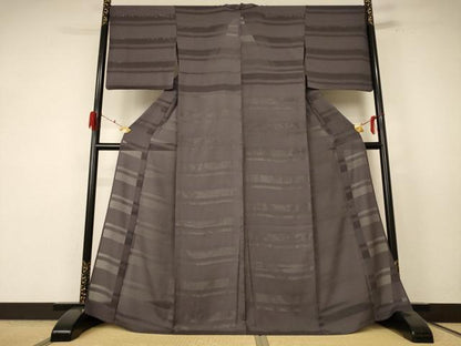 平和屋着物＊夏物 色無地 縞紋紗 黒橡色 正絹 逸品 AABF1637jd