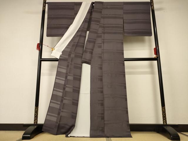平和屋着物＊夏物 色無地 縞紋紗 黒橡色 正絹 逸品 AABF1637jd