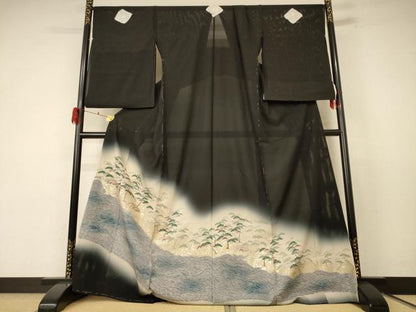 平和屋着物＊夏物　黒留袖　駒刺繍　絽　風景松文　暈し染め　金彩　仮絵羽　正絹　逸品　未使用　AABF1639jd