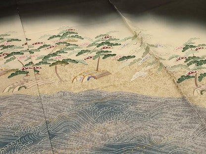 平和屋着物＊夏物　黒留袖　駒刺繍　絽　風景松文　暈し染め　金彩　仮絵羽　正絹　逸品　未使用　AABF1639jd