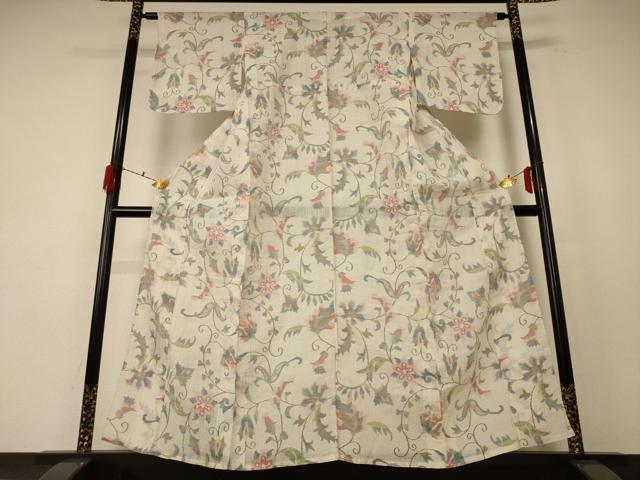 平和屋着物＊夏物 小千谷ちぢみ 花唐草文 麻 逸品 AABF1668jd