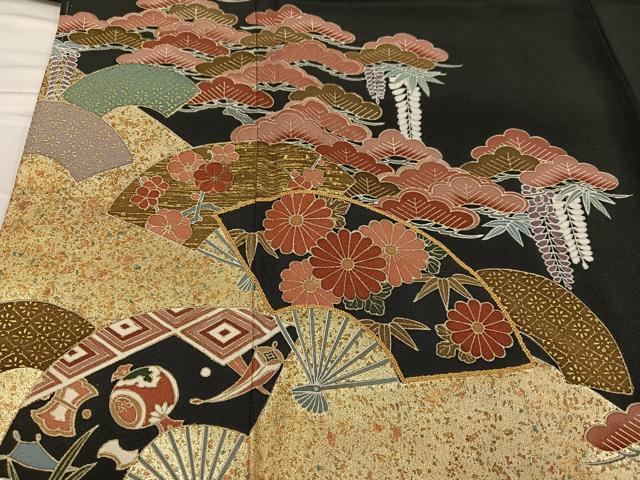 平和屋着物■豪華黒留袖 刺繍 扇面草花文 金銀彩 正絹 逸品 AABF1722ph