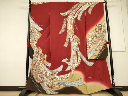 平和屋着物●豪華振袖　駒刺繍　御所車花文　金彩　正絹　逸品　AABF1765ck