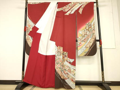 平和屋着物●豪華振袖　駒刺繍　御所車花文　金彩　正絹　逸品　AABF1765ck