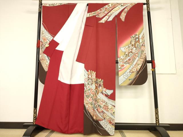 平和屋着物●豪華振袖　駒刺繍　御所車花文　金彩　正絹　逸品　AABF1765ck