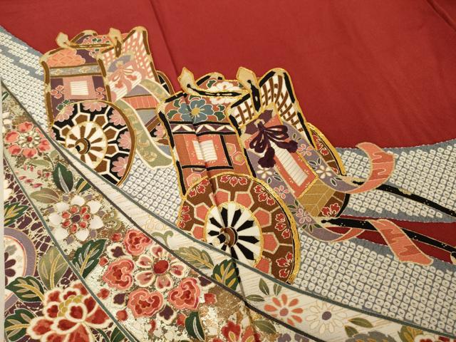 平和屋着物●豪華振袖　駒刺繍　御所車花文　金彩　正絹　逸品　AABF1765ck