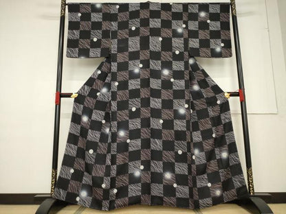 平和屋着物●上質な小紋　市松丸文　ほたる暈し　黒地　正絹　逸品　未使用　AABF1779ck