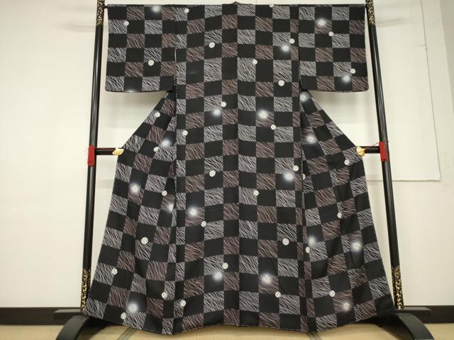 平和屋着物●上質な小紋　市松丸文　ほたる暈し　黒地　正絹　逸品　未使用　AABF1779ck