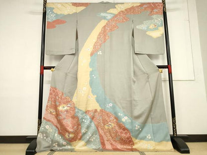 平和屋着物●訪問着　絞り　刺繍　地紙花文　松　金彩　ロング丈　正絹　逸品　AABF1783ck