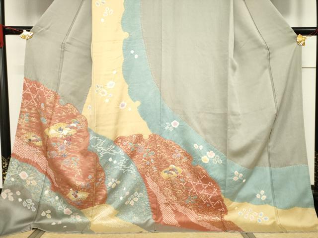 平和屋着物●訪問着　絞り　刺繍　地紙花文　松　金彩　ロング丈　正絹　逸品　AABF1783ck