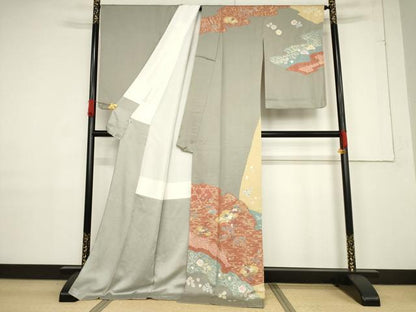 平和屋着物●訪問着　絞り　刺繍　地紙花文　松　金彩　ロング丈　正絹　逸品　AABF1783ck