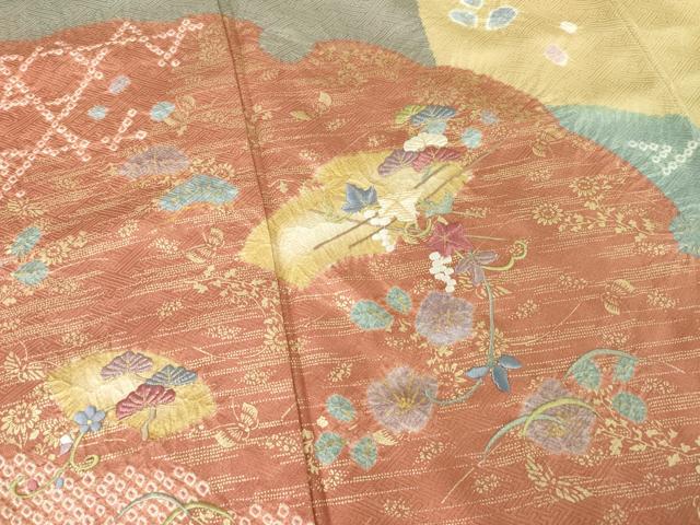 平和屋着物●訪問着　絞り　刺繍　地紙花文　松　金彩　ロング丈　正絹　逸品　AABF1783ck