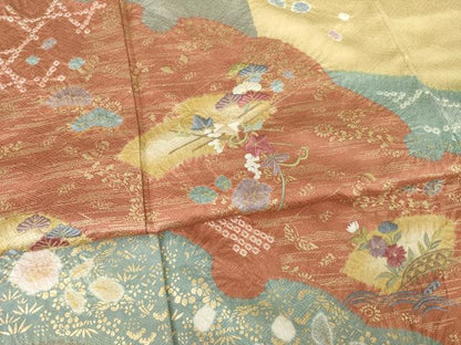 平和屋着物●訪問着　絞り　刺繍　地紙花文　松　金彩　ロング丈　正絹　逸品　AABF1783ck