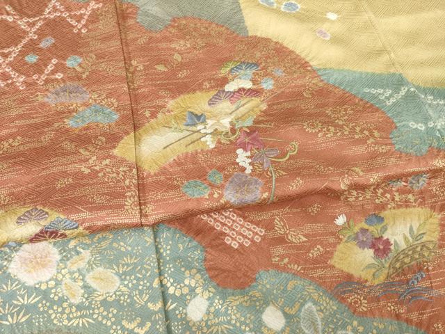 平和屋着物●訪問着　絞り　刺繍　地紙花文　松　金彩　ロング丈　正絹　逸品　AABF1783ck