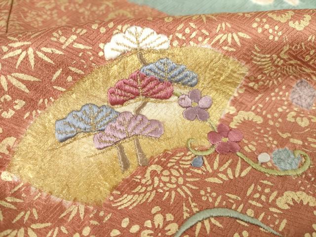 平和屋着物●訪問着　絞り　刺繍　地紙花文　松　金彩　ロング丈　正絹　逸品　AABF1783ck