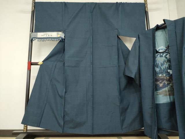 平和屋着物●男性 久能紬 アンサンブル 藍鉄色 証紙付き 正絹 逸品 未使用 AABF1787ck