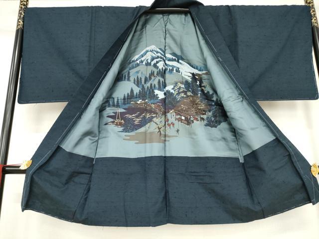 平和屋着物●男性 久能紬 アンサンブル 藍鉄色 証紙付き 正絹 逸品 未使用 AABF1787ck