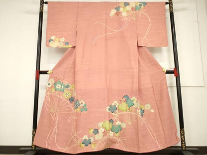 平和屋着物●セミアンティーク　訪問着　駒刺繍　扇面花文　金彩　正絹　逸品　AABF1788ck