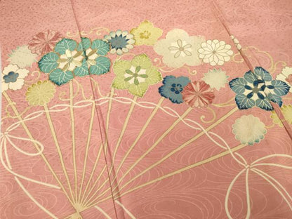 平和屋着物●セミアンティーク　訪問着　駒刺繍　扇面花文　金彩　正絹　逸品　AABF1788ck