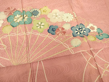 平和屋着物●セミアンティーク　訪問着　駒刺繍　扇面花文　金彩　正絹　逸品　AABF1788ck