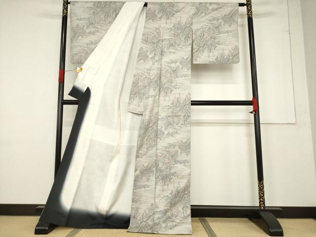 平和屋着物●本場大島紬　白大島　カタス9マルキ　風景文　正絹　逸品　AABF1793ck