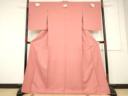 平和屋着物●上質な色無地　甚三紅色　ロング丈　正絹　逸品　未使用　AABF1797ck