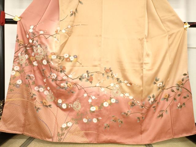 平和屋着物●訪問着　中国三大刺繍　スワトウ刺繍　汕頭刺繍　雪輪重ね花文　暈し染め　金彩　正絹　逸品　AABF1799ck