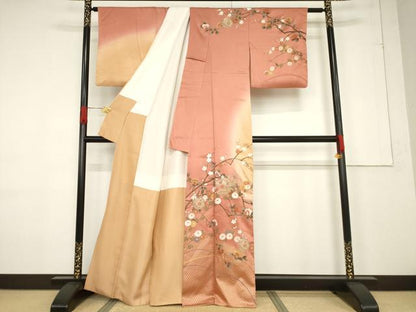平和屋着物●訪問着　中国三大刺繍　スワトウ刺繍　汕頭刺繍　雪輪重ね花文　暈し染め　金彩　正絹　逸品　AABF1799ck