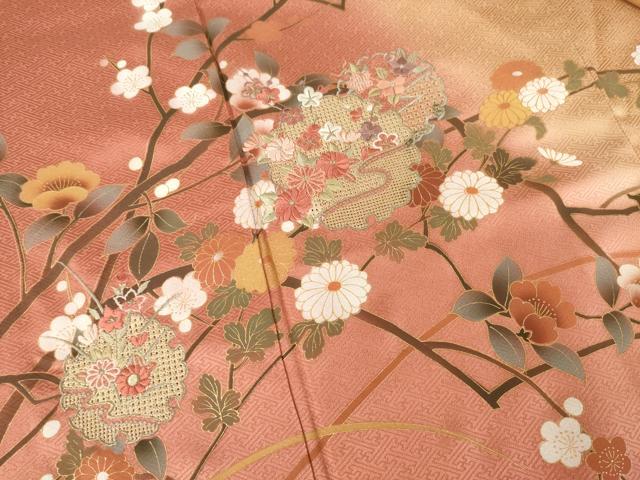 平和屋着物●訪問着　中国三大刺繍　スワトウ刺繍　汕頭刺繍　雪輪重ね花文　暈し染め　金彩　正絹　逸品　AABF1799ck