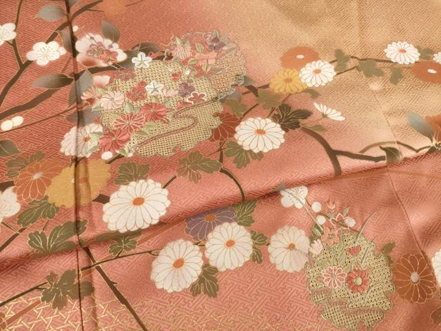 平和屋着物●訪問着　中国三大刺繍　スワトウ刺繍　汕頭刺繍　雪輪重ね花文　暈し染め　金彩　正絹　逸品　AABF1799ck