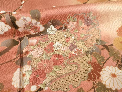 平和屋着物●訪問着　中国三大刺繍　スワトウ刺繍　汕頭刺繍　雪輪重ね花文　暈し染め　金彩　正絹　逸品　AABF1799ck