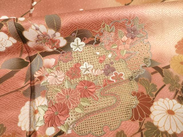 平和屋着物●訪問着　中国三大刺繍　スワトウ刺繍　汕頭刺繍　雪輪重ね花文　暈し染め　金彩　正絹　逸品　AABF1799ck
