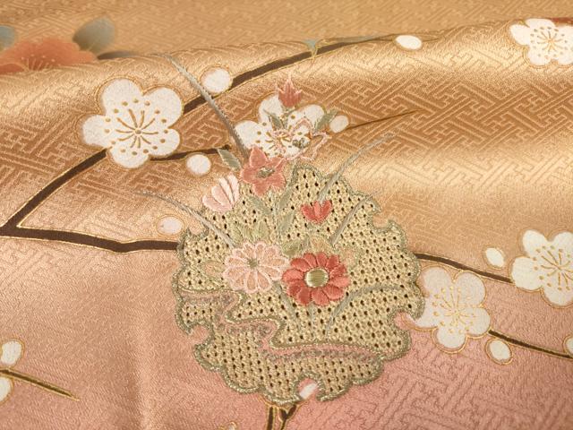 平和屋着物●訪問着　中国三大刺繍　スワトウ刺繍　汕頭刺繍　雪輪重ね花文　暈し染め　金彩　正絹　逸品　AABF1799ck